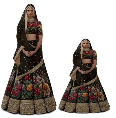 Pre-owned Handmade Black Floral Lehenga Mom And Daughter Lengha Choli Set Kids Lehenga Chunri Baby