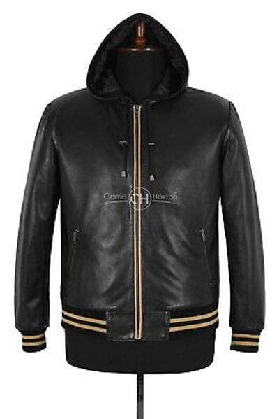 Pre-owned Harrington Men's Black Baseball Beige Stripes Hooded Bomber Real Lambskin Leather Jacket