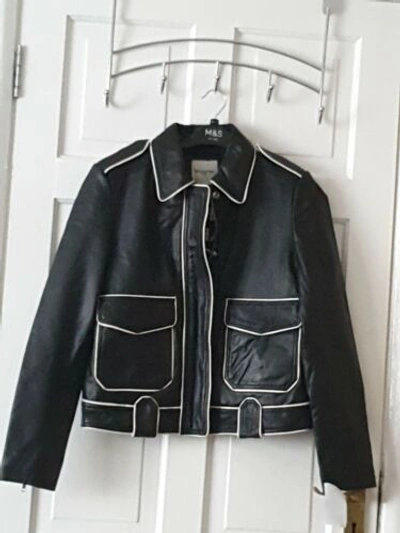 Pre-owned Each X Other Black & White Trim Leather Jacket Size M /uk Size 10