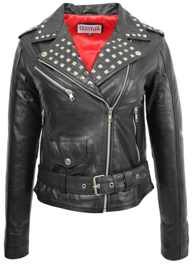Pre-owned House Of Leather Ladies Real Leather Brando Biker Style Studded Jacket Fitted Short Length Black