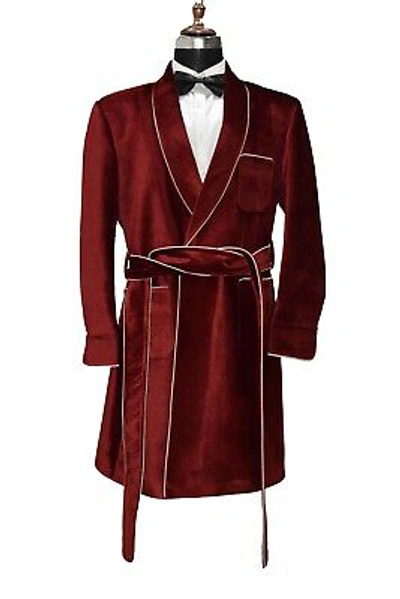 Pre-owned Handmade Men Maroon Smoking Jackets Gowns Elegant Luxury Designer Party Wear Long Coat Uk