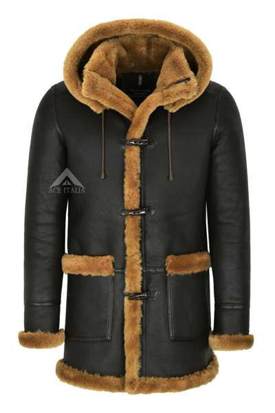 Pre-owned Smart Range Leather Men's Leather Sheepskin Duffle Coat Brown Ginger Fur Hooded 100% Shearling Ivar