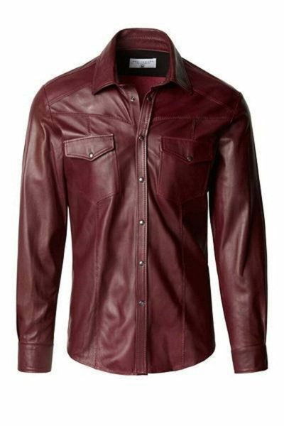 Pre-owned Motero Men's Red Wine Sheepskin Leather Shirt Fashion Biker Full Sleeve Casual Shirt