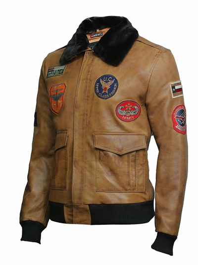 Pre-owned Brandslock Mens Genuine Soft Leather Distressed Vintage Varsity Tan Bomber Jacket