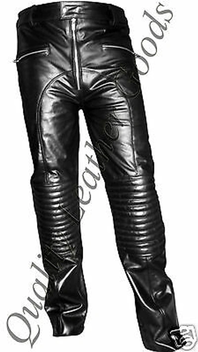 Pre-owned Quality Leather Goods Mens Premium Leather Biker Jeans Padded Knee Trousers Trouser Front Zip