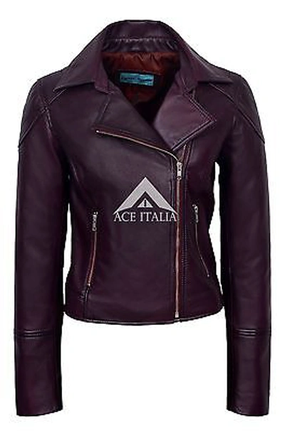 Pre-owned Smart Range Ladies Lilly Cherry Napa Real Leather Collard Biker Fashion Trendy Jacket