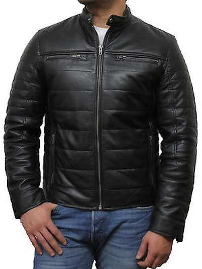 Pre-owned Brandslock Mens Genuine Leather Biker Jacket Bomber Vintage Puffed Winter Warm