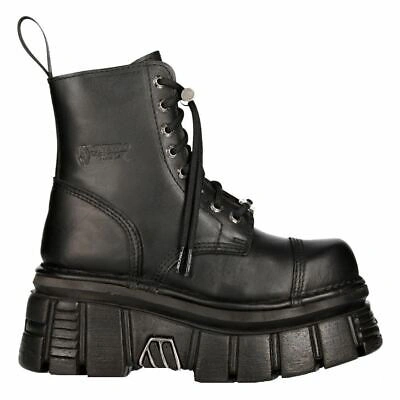 Pre-owned New Rock Rock M-newmili083-s21 Tower Combat Boots Black Leather Platform Biker Shoes