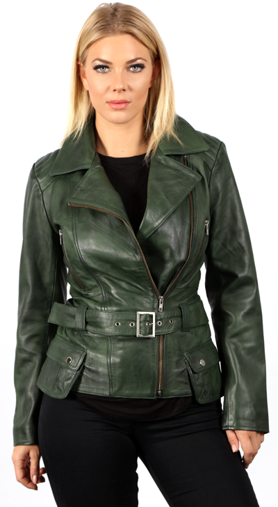 Pre-owned Infinity Ladies Green Vintage Retro Long Feminine 100% Leather Biker Jacket