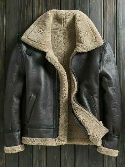 Pre-owned Claw Intl Men's B3 Flying Aviator Brown Bomber Sheepskin Real Leather Fur Jacket