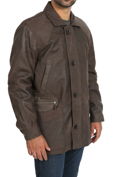 Pre-owned Fashion Mens Parka Soft Brown Nubuck Leather Jacket Classic Car Coat Mid Length Overcoat