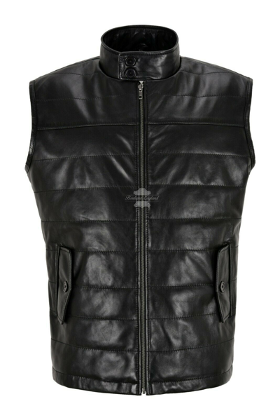 Pre-owned Smart Range Men's Quilted Leather Gilet Black Real Lamb Leather Winters Waistcoat Waistcoat 4330