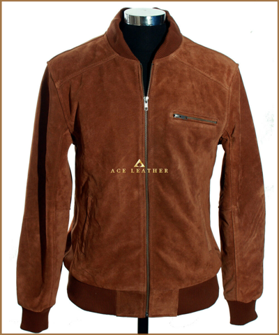 Pre-owned Ace 70's Mens Leather Bomber Jacket Tan Baseball Style Real Suede Leather Jacket