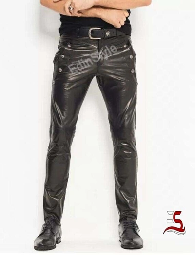 Pre-owned Edinstyle Men's Skinny Tight Smooth Black Genuine Cow Leather Trousers Leather Nightclub Trouser