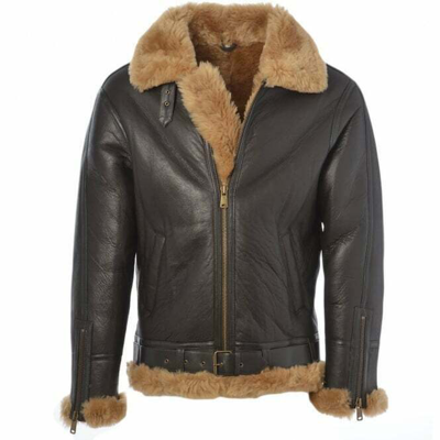 Pre-owned Siano International Real Raf Men's Brown Bomber Shearling Fur Sheep Leather Flying Aviator Jacket