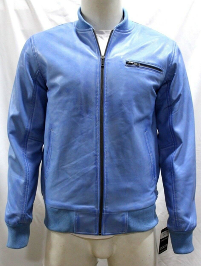 Pre-owned Smart Range Renegade Mens Classic Bomber Designer Style Denim Blue Soft Napa Leather Jacket