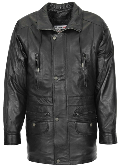 Pre-owned House Of Leather Mens Real Leather Black Parka Car Coat Classic Overcoat Mid Length Jacket