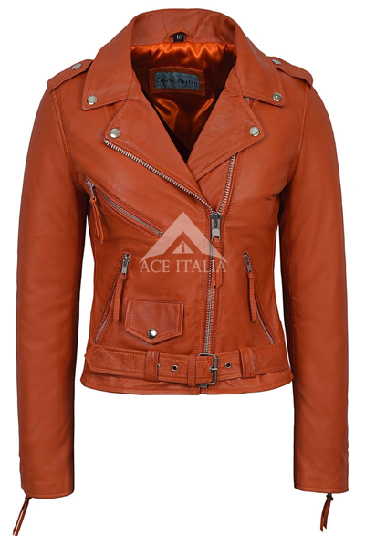 Pre-owned Smart Range Ladies Brando Jacket Orange Biker Style Top Cruiser Perfecto Napa Leather Jacket