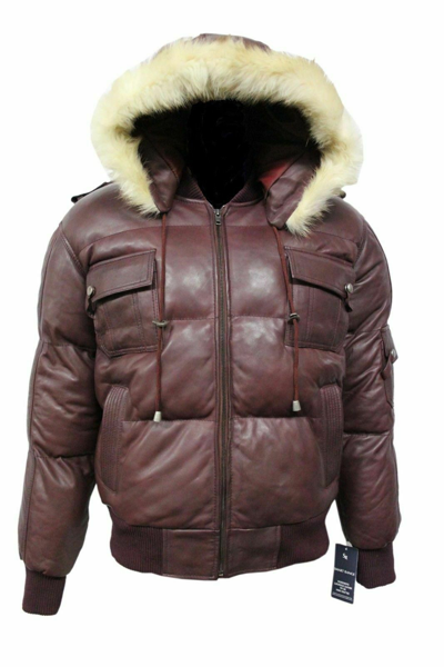 Pre-owned Claw Intl Men's Artic Pilot Cherry Puffer Jacket Fur Hooded Bomber Real Lambskin Leather