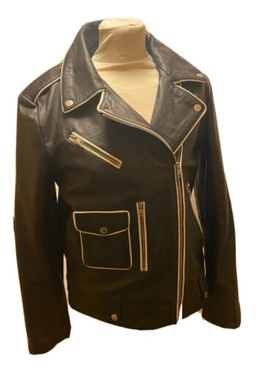 Pre-owned Other Ladies Each X  Black Leather Jacket With White Trim Size M Rp £ 875.00
