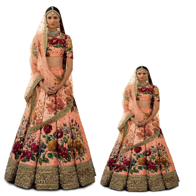 Pre-owned Handmade Peach Floral Lehenga Mom And Daughter Lengha Choli Set Kids Lehenga Chunri Baby