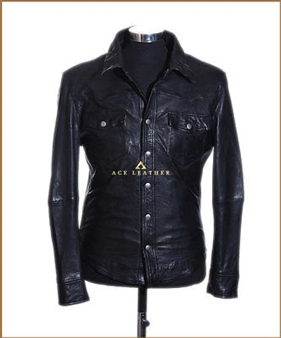 Pre-owned Ace Daniel Black Men's Smart Casual Designer Real Soft Lambskin Leather Shirt