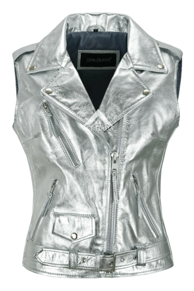 Pre-owned Smart Range Lady Leather Waistcoat Silver Foil Real Leather Slim-fit Rock Tops Brando Waistcoat