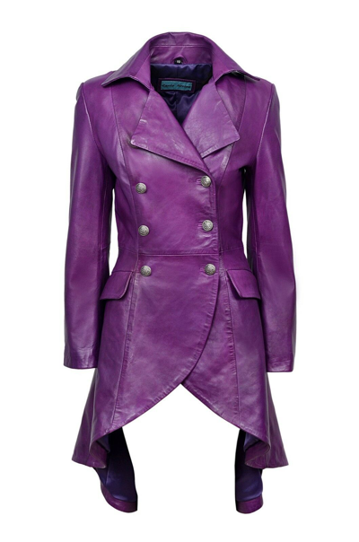 Pre-owned Itallian Leather Ladies Gothic Trench Coat Jacket Purple Real Napa Leather Laced Style Design
