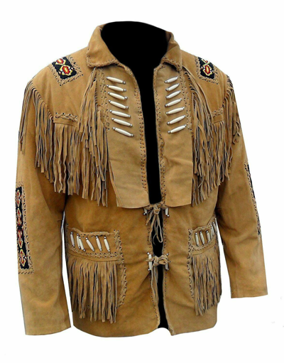 Pre-owned Claw Intl Men's Native American Suede Leather Fringe Jacket With Bones Beads Braid