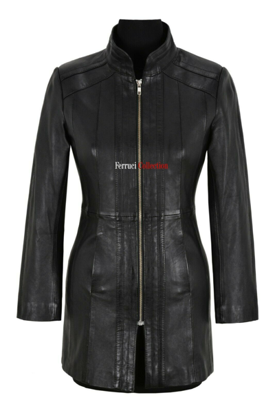 Pre-owned Handmade Ladies Real Leather Jacket Black Nappa Mid Length Coat Casual Fashion Style 1021