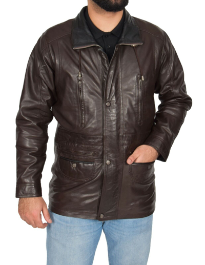 Pre-owned Fashion Mens Parka Real Leather Jacket Brown Overcoat With Black Trim Classic Car Coat