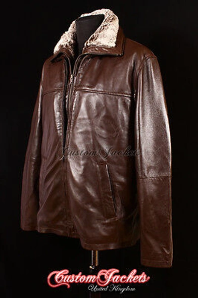 Pre-owned Real Leather Men's Brute Brown Lambskin Dual Fur Collar Layer  Reefer Jacket Coat