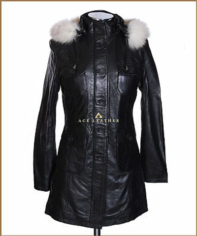 Pre-owned Michelle Black Ladies White Fur Hooded Real Lambskin Nappa Parka Coat