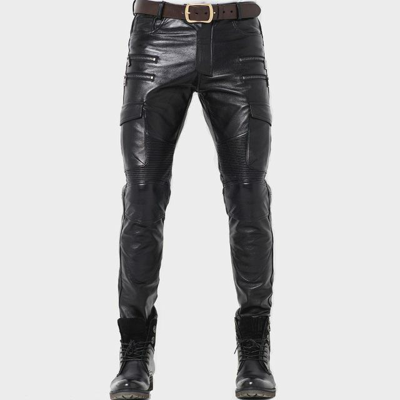 Pre-owned Edinstyle Men's Genuine Leather Biker Trousers Real Cowhide Handmade Accordion Knee Jeans