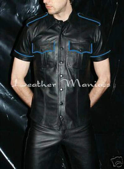 Pre-owned Leather Maniacs Black Leather Uniform Shirt Military Style With Blue Piping Strips