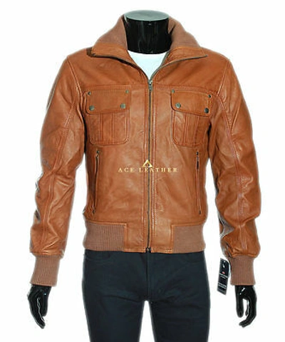 Pre-owned Ace Hawk Men's Smart Bomber Jacket Tan Classic Style Genuine Leather Biker Jacket