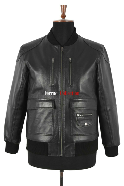 Pre-owned Smart Range Leather Men's Flight Bomber Black Jacket Retro Style Real Lambskin Leather