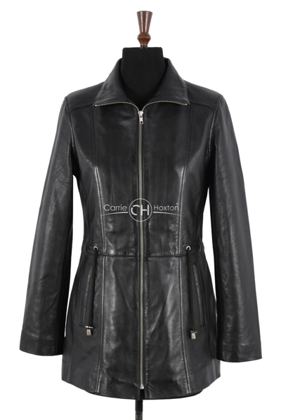 Pre-owned Carrie Ch Hoxton Women's Black Leather Jacket Hip Length Slim Fit Genuine Sheep Napa Casual Coat