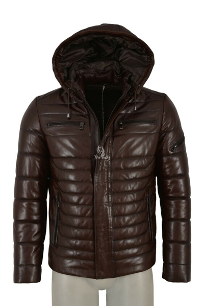 Pre-owned Real Leather Men Puffer Leather Jacket Brown Hooded Real Lambskin Quilted Sport Hoodie Jacket