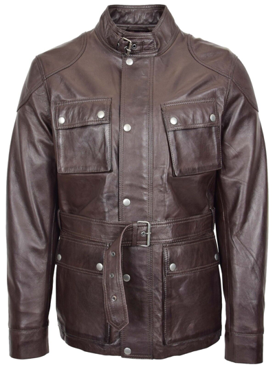 Pre-owned Fashion Mens Soft Brown Real Leather Trendy Safari Jacket With Waist Belt Retro Blazer