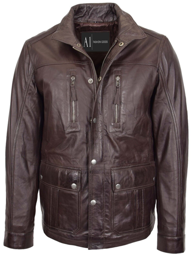 Pre-owned Fashion Mens Leather Parka Jacket Soft 3/4 Long Car Coat Classic Casual Russo Brown