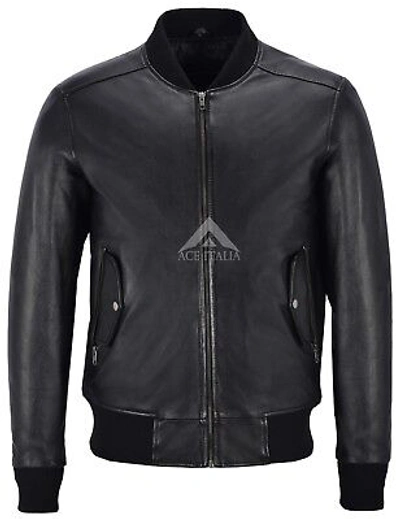 Pre-owned Smart Range Men's 70's Bomber Leather Jacket Black Retro Style Soft Lambskin Leather 1229