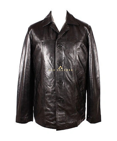 Pre-owned Blazer Men's Classic Military Style Jacket Black Soft Lambskin Leather  Jacket