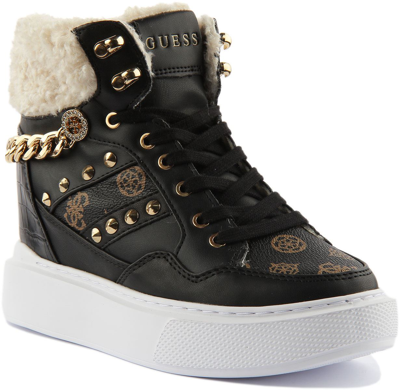 Pre-owned Guess Aryia Womens Faux Fur High Top Platform Boot In Black Brown Size Uk 3 - 8