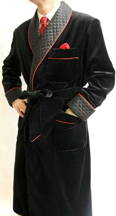 Pre-owned Cavalier Men Exclusive Designer Custom Made Black Velvet Piping Smoking Jacket Bath Dressing Gown