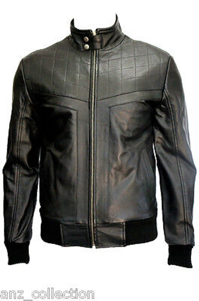 Pre-owned Anz Men's Scorpion Black Designer 70's Retro Italian Lambskin Leather Bomber Jacket