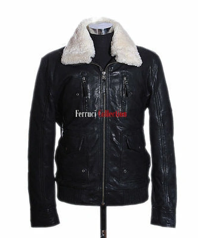 Pre-owned Real Leather Brayden Black Mens Aviator Bomber Jacket Fur Collar  Flying Jacket