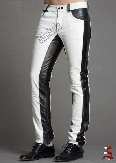 Pre-owned Edinstyle Hot Style Mens Real Leather Trouser White Black Biker Trouser Trouser Causal Wear