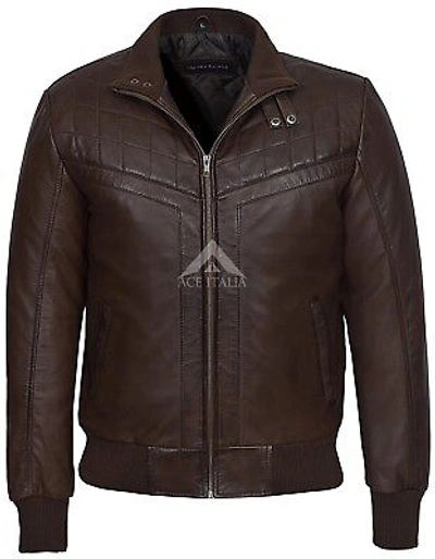 Pre-owned Smart Range Men's 70's Leather Jacket Brown Quilted Retro Bomber Style Lambskin Leather 4757
