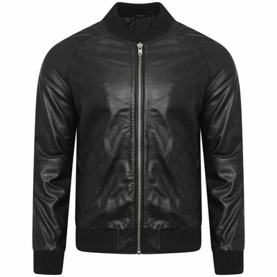 Pre-owned Claww Intl Men's Black Lambskin Leather Bomber Jacket With Shirt Style Knit Collar & Waist
